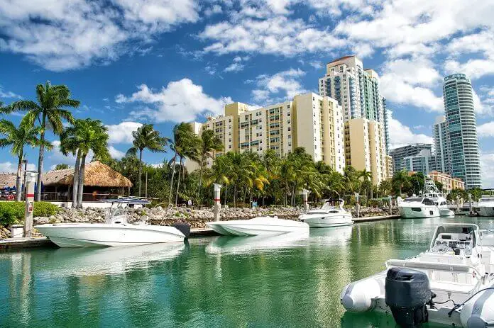 Miami beach coastline with hotel buildings with green palm trees